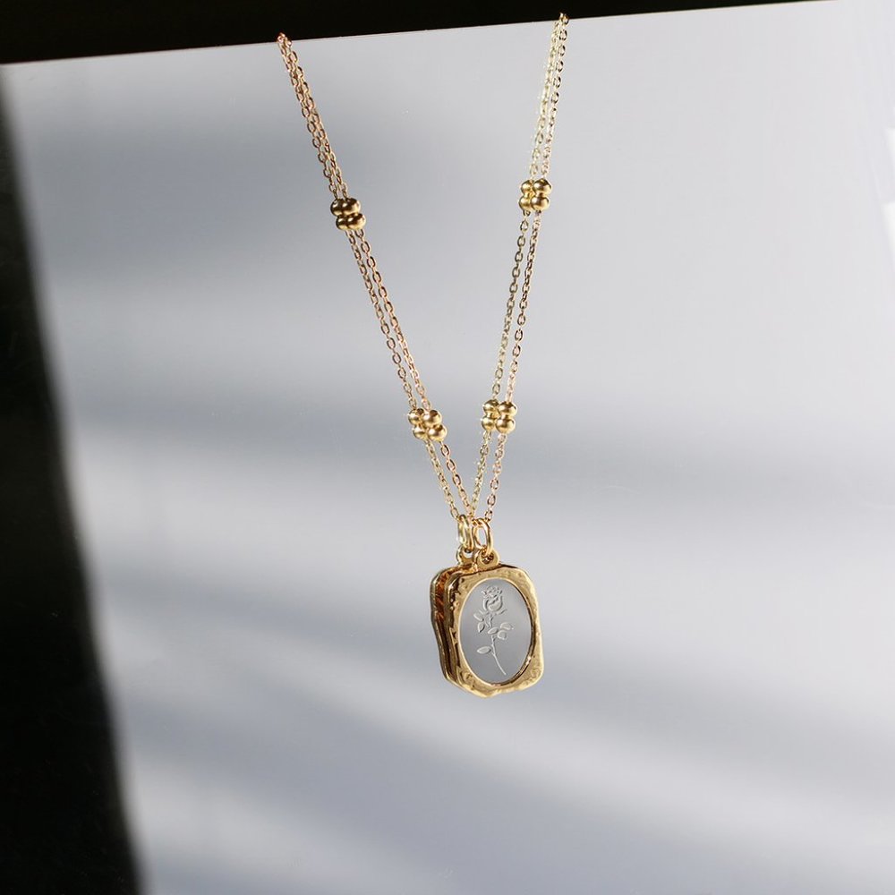 NEW 18K Gold Plated Vintage Retro Rose Flower Magic Mirror Square Necklace - Picture 7 of 10